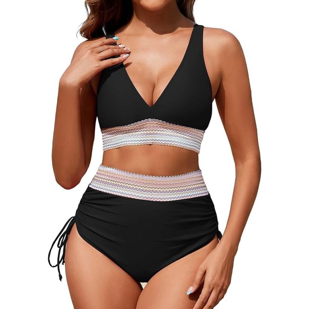 New Medium High Waisted, Color Block, Tummy Control Bikini Swim Suit